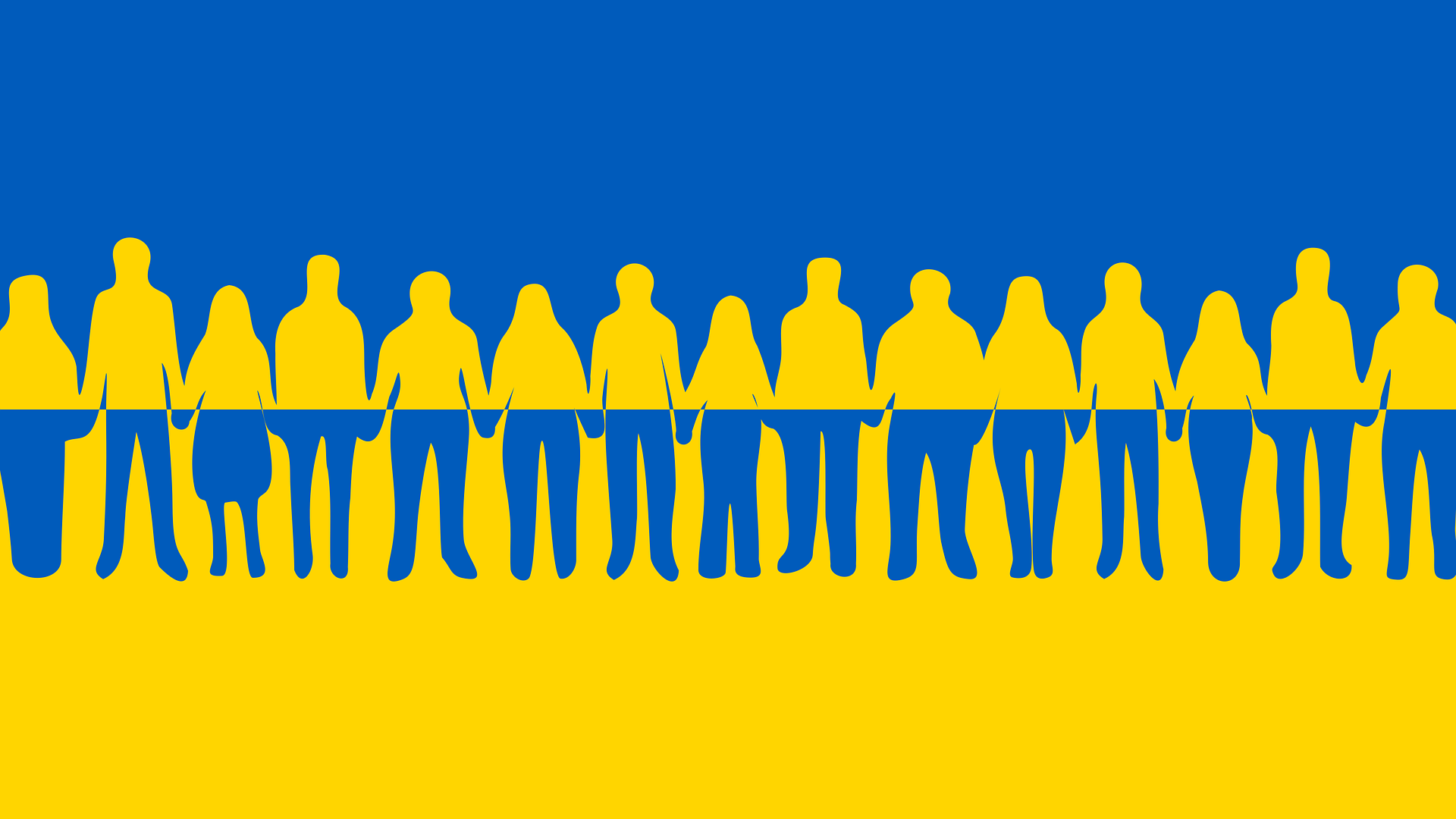 Illustrasjonsbilde fra Pixabay. Bildet viser mennesker i gult og blått som holder hender.