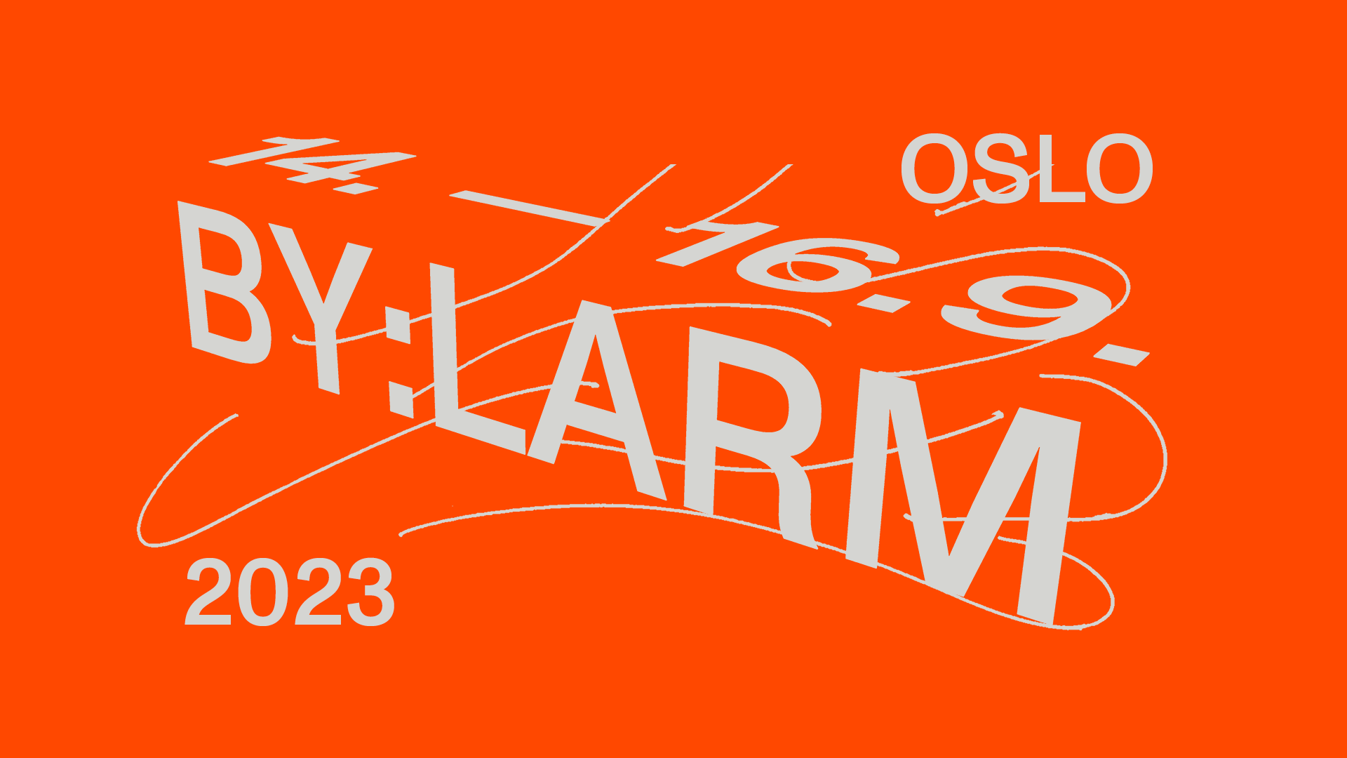 Oransje grafikk med grå tekst. Tekst i bildet: Oslo, 14.–16.9, By:larm, 2024. Grafikk. 