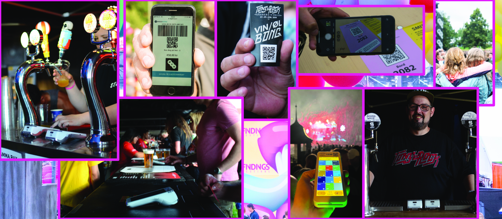 Collage med diverse festivalbilder, tappetårn, betalingsterminaler, billetter og QR-koder. 